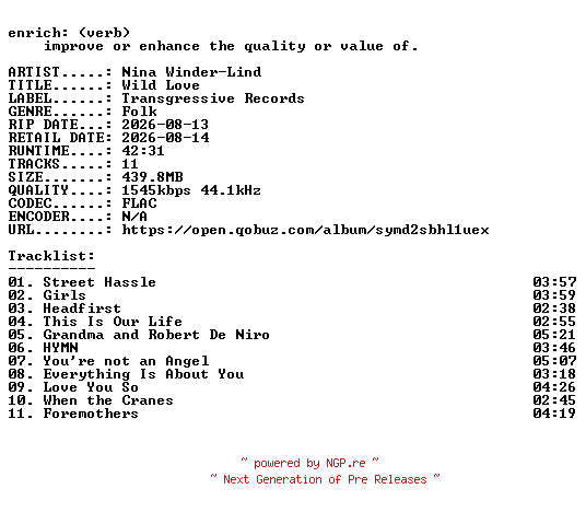 NFO for the release Nina_Winder-Lind-Wild_Love-24BIT-WEB-FLAC-2026-ENRiCH by ENRiCH