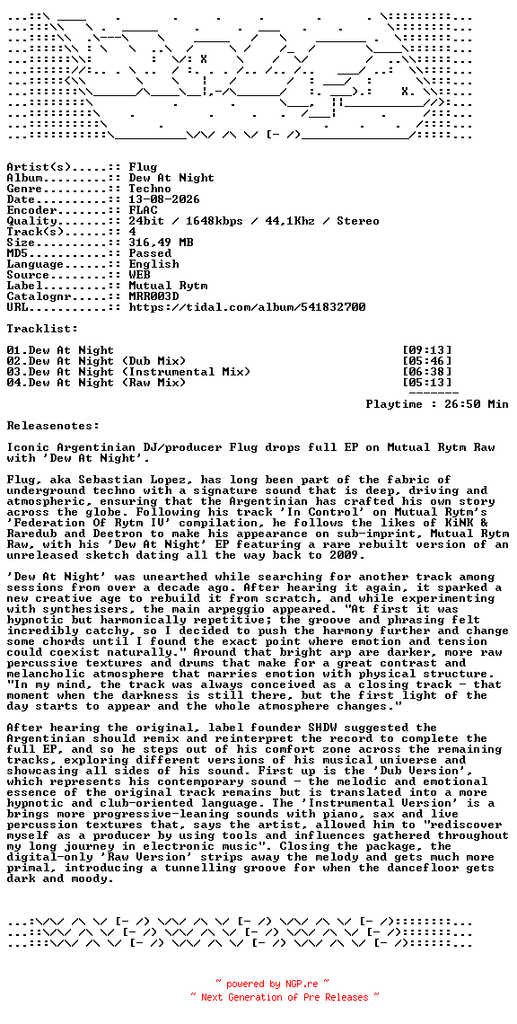 NFO for the release Flug-Dew_At_Night-MRR003D-24BIT-WEB-FLAC-2026-WAVED by WAVED