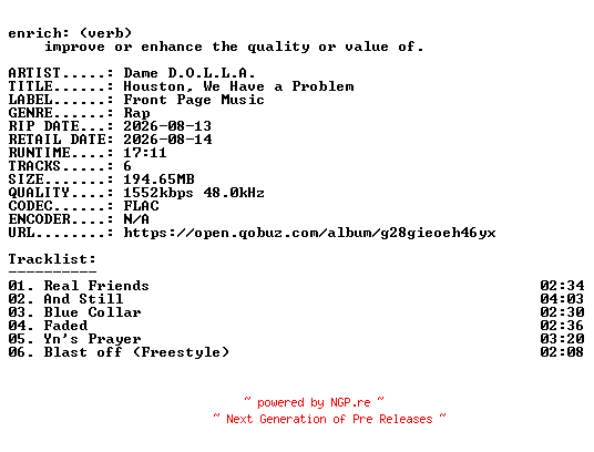 NFO for the release Dame_D.O.L.L.A.-Houston_We_Have_a_Problem-EP-24BIT-WEB-FLAC-2026-ENRiCH by ENRiCH