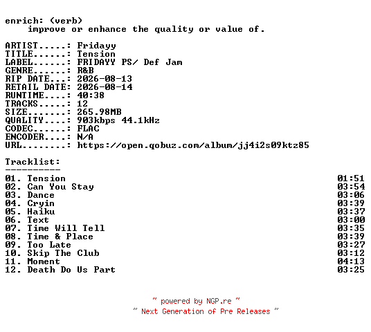 NFO for the release Fridayy-Tension-16BIT-WEB-FLAC-2026-ENRiCH by ENRiCH