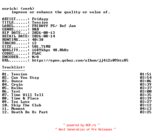 NFO for the release Fridayy-Tension-24BIT-WEB-FLAC-2026-ENRiCH by ENRiCH