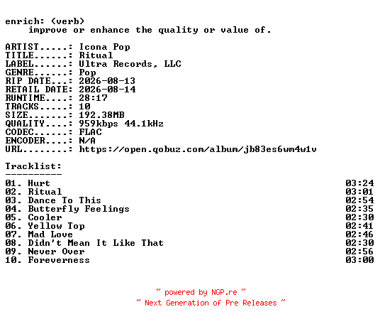NFO for the release Icona_Pop-Ritual-16BIT-WEB-FLAC-2026-ENRiCH by ENRiCH