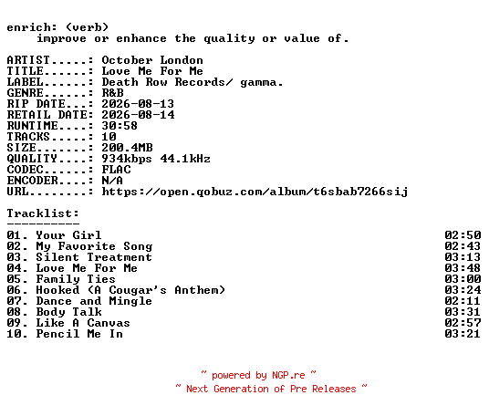 NFO for the release October_London-Love_Me_For_Me-16BIT-WEB-FLAC-2026-ENRiCH by ENRiCH