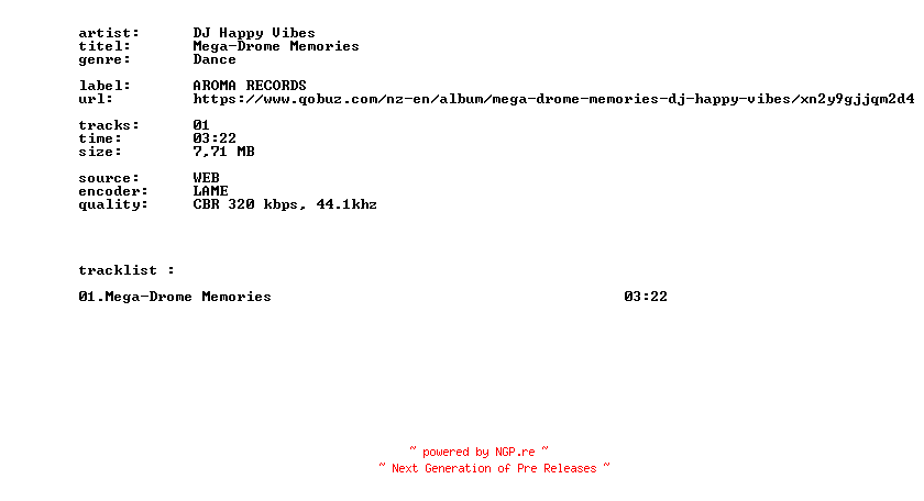 NFO for the release DJ_Happy_Vibes_-_Mega-Drome_Memories-SINGLE-WEB-DE-2026-BITCOINS by BITCOINS