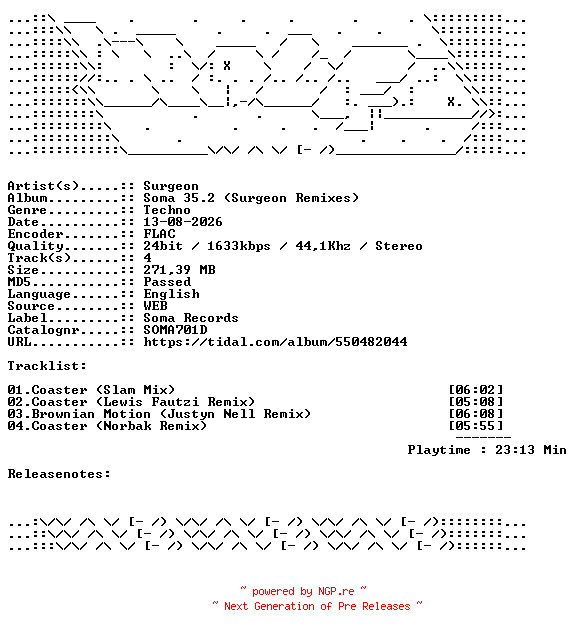 NFO for the release Surgeon-Soma_35.2_Surgeon_Remixes-SOMA701D-24BIT-WEB-FLAC-2026-WAVED by WAVED