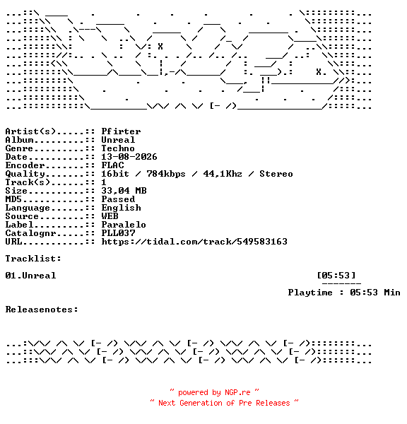 NFO for the release Pfirter-Unreal-PLL037-SINGLE-16BIT-WEB-FLAC-2026-WAVED by WAVED