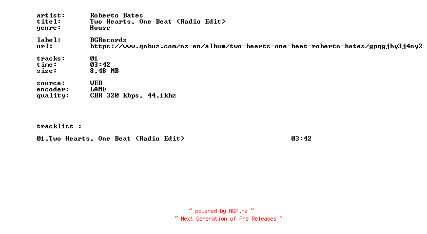 NFO for the release Roberto_Bates_-_Two_Hearts_One_Beat_(Radio_Edit)-SINGLE-WEB-2026-BITCOINS by BITCOINS