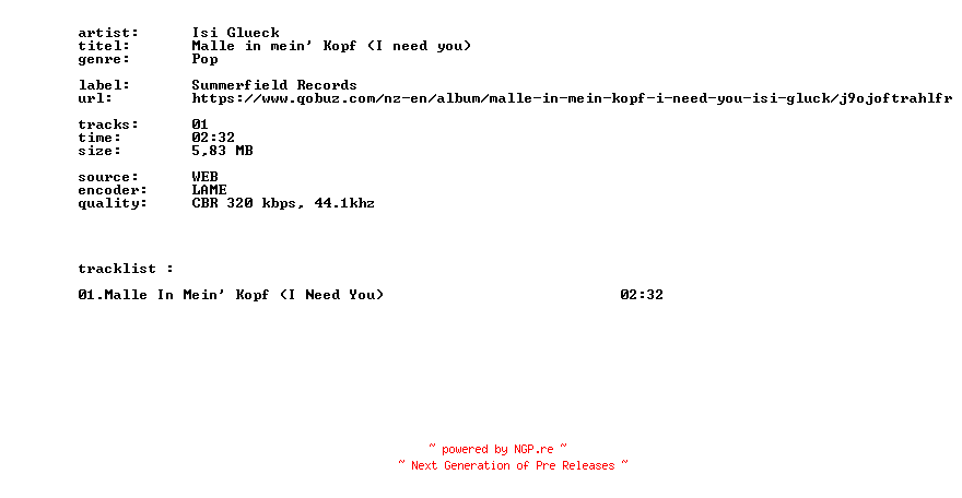 NFO for the release Isi_Glueck_-_Malle_In_Mein_Kopf_(I_Need_You)-SINGLE-WEB-DE-2026-BITCOINS by BITCOINS