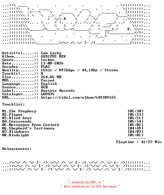 NFO for the release Cam_Lasky-OEDIPUS_REX-LWO435-16BIT-WEB-FLAC-2026-WAVED by WAVED