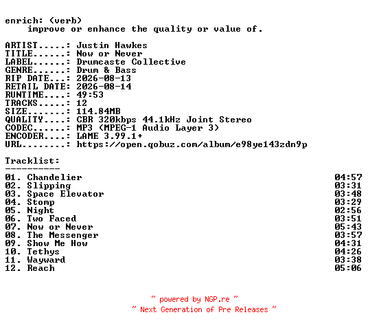 NFO for the release Justin_Hawkes-Now_or_Never-WEB-2026-ENRiCH by ENRiCH