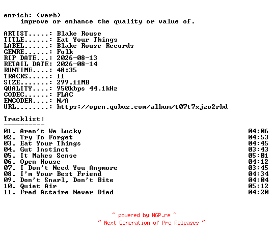 NFO for the release Blake_Rouse-Eat_Your_Things-16BIT-WEB-FLAC-2026-ENRiCH by ENRiCH