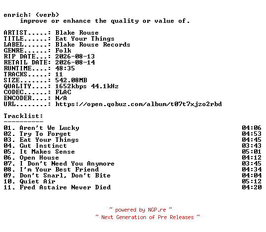 NFO for the release Blake_Rouse-Eat_Your_Things-24BIT-WEB-FLAC-2026-ENRiCH by ENRiCH