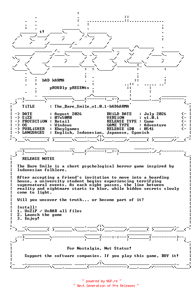 NFO for the release The_Bare_Smile_v1.0.1-bADkARMA by bADkARMA