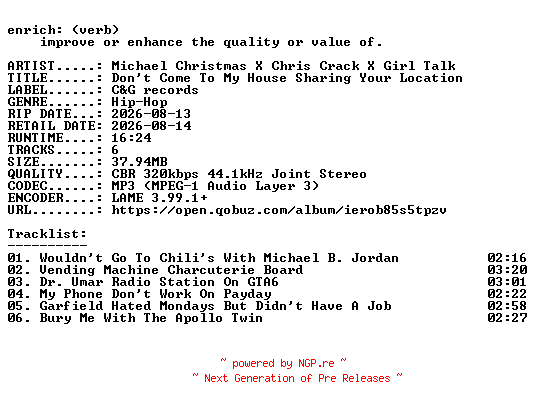 NFO for the release Michael_Christmas_X_Chris_Crack_X_Girl_Talk-Dont_Come_To_My_House_Sharing_Your_Location-EP-WEB-2026-ENRiCH by ENRiCH