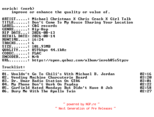 NFO for the release Michael_Christmas_X_Chris_Crack_X_Girl_Talk-Dont_Come_To_My_House_Sharing_Your_Location-EP-16BIT-WEB-FLAC-2026-ENRiCH by ENRiCH