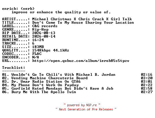 NFO for the release Michael_Christmas_X_Chris_Crack_X_Girl_Talk-Dont_Come_To_My_House_Sharing_Your_Location-EP-24BIT-WEB-FLAC-2026-ENRiCH by ENRiCH