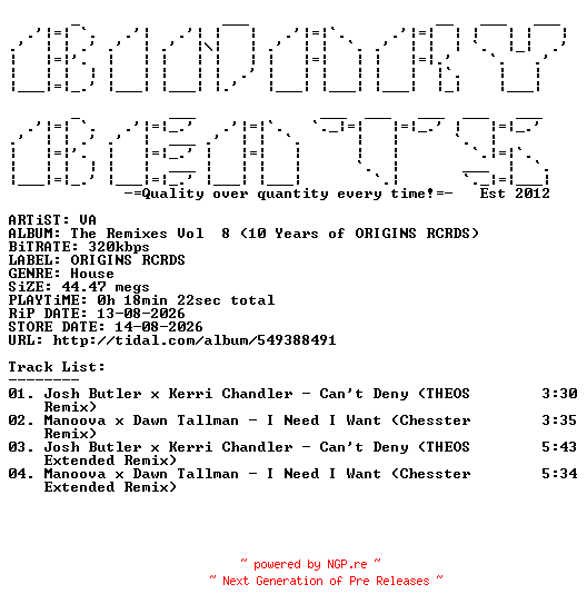 NFO for the release VA-The_Remixes_Vol_8_(10_Years_Of_ORIGINS_RCRDS)-(ORIGINS100)-WEB-2026-BB by BB