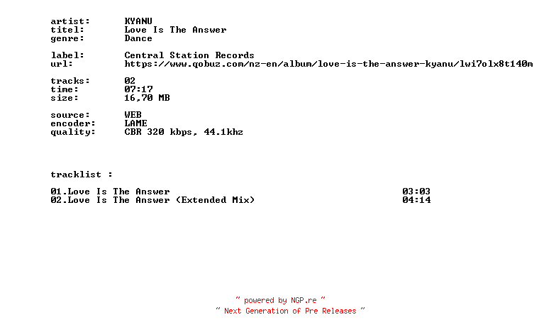 NFO for the release KYANU_-_Love_Is_The_Answer-WEB-2026-BITCOINS by BITCOINS