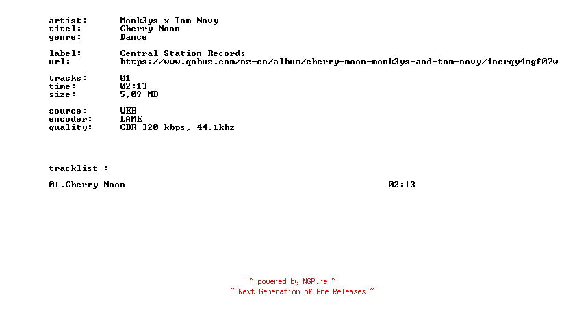 NFO for the release Monk3ys_X_Tom_Novy_-_Cherry_Moon-SINGLE-WEB-2026-BITCOINS by BITCOINS