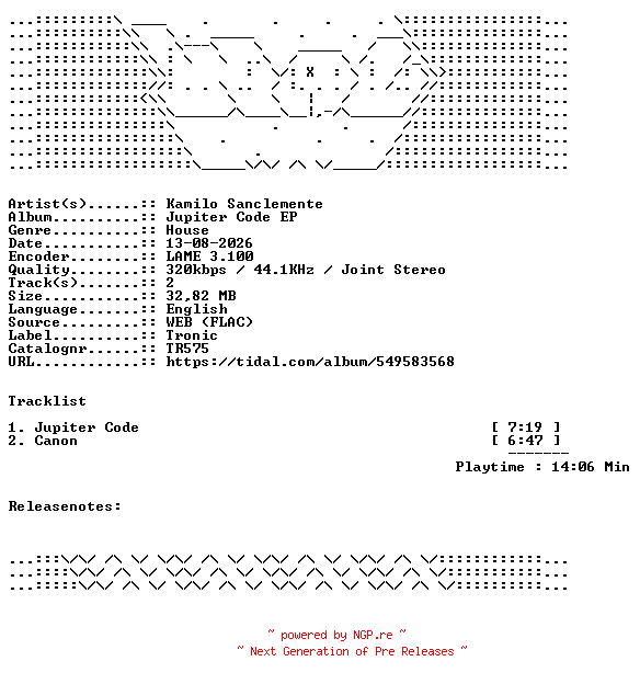 NFO for the release Kamilo_Sanclemente-Jupiter_Code_EP-TR575-WEB-2026-WAV by WAV
