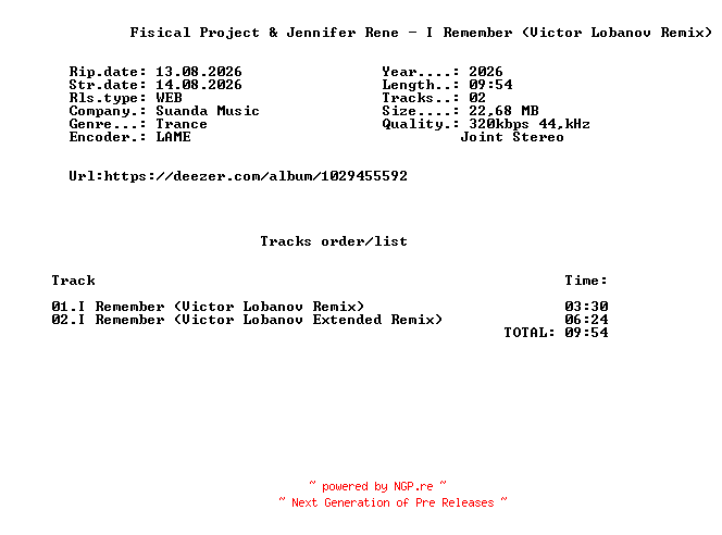 NFO for the release Fisical_Project_And_Jennifer_Rene_-_I_Remember_(Victor_Lobanov_Remix)-(SND576)-WEB-2026-FMC by FMC