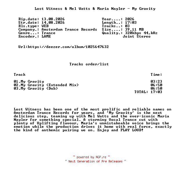 NFO for the release Lost_Witness_And_Mel_Watts_And_Maria_Nayler_-_My_Gravity-(AMSTR652)-WEB-2026-FMC by FMC