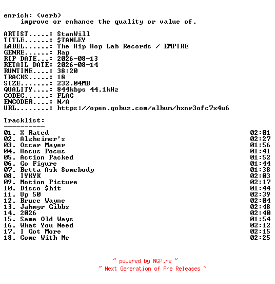 NFO for the release StanWill-sTANLEY-16BIT-WEB-FLAC-2026-ENRiCH by ENRiCH