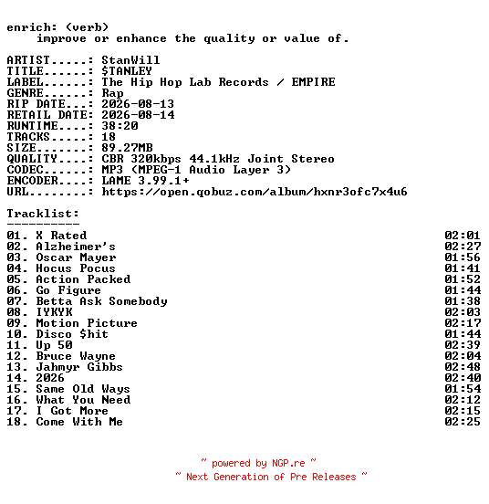 NFO for the release StanWill-sTANLEY-WEB-2026-ENRiCH by ENRiCH