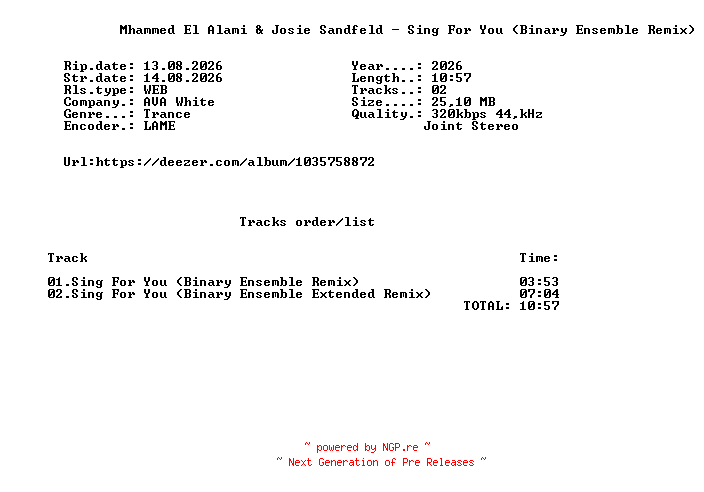 NFO for the release Mhammed_El_Alami_And_Josie_Sandfeld_-_Sing_For_You_(Binary_Ensemble_Remix)-(AVAW423)-WEB-2026-FMC by FMC