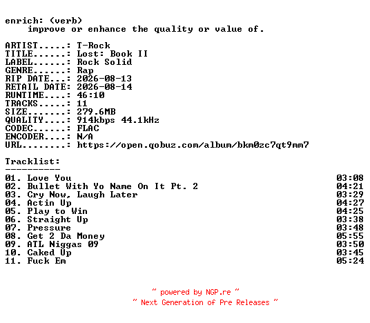 NFO for the release T-Rock-Lost_Book_II-16BIT-WEB-FLAC-2026-ENRiCH by ENRiCH