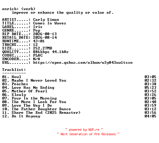 NFO for the release Carly_Simon-Comes_In_Waves-16BIT-WEB-FLAC-2026-ENRiCH by ENRiCH