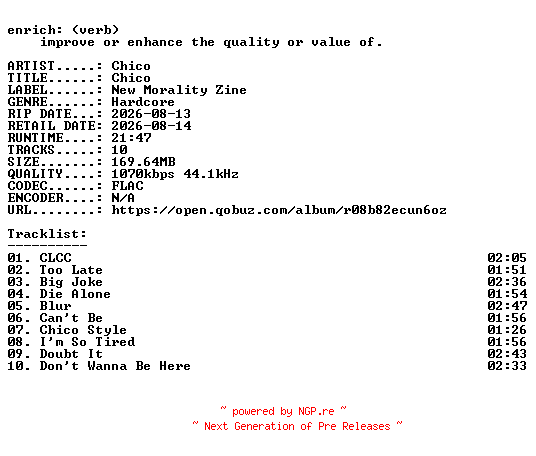 NFO for the release Chico-Chico-16BIT-WEB-FLAC-2026-ENRiCH by ENRiCH