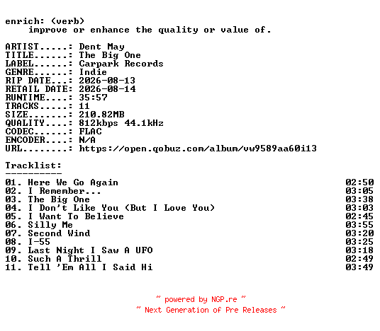 NFO for the release Dent_May-The_Big_One-16BIT-WEB-FLAC-2026-ENRiCH by ENRiCH