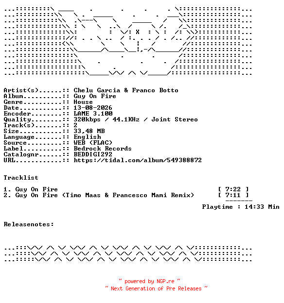 NFO for the release Chelu_Garcia_And_Franco_Botto-Guy_On_Fire-BEDDIGI292-WEB-2026-WAV by WAV