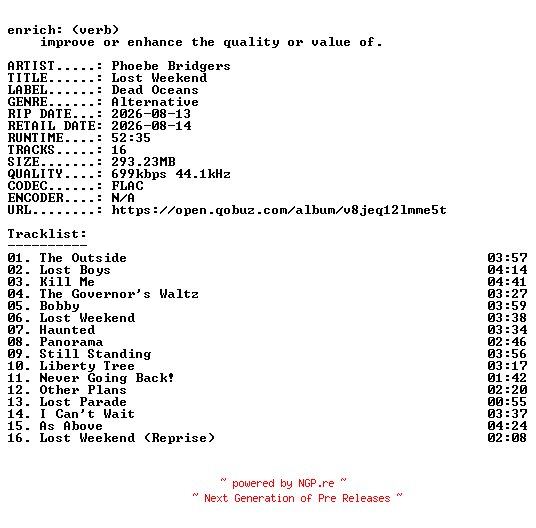 NFO for the release Phoebe_Bridgers-Lost_Weekend-16BIT-WEB-FLAC-2026-ENRiCH by ENRiCH