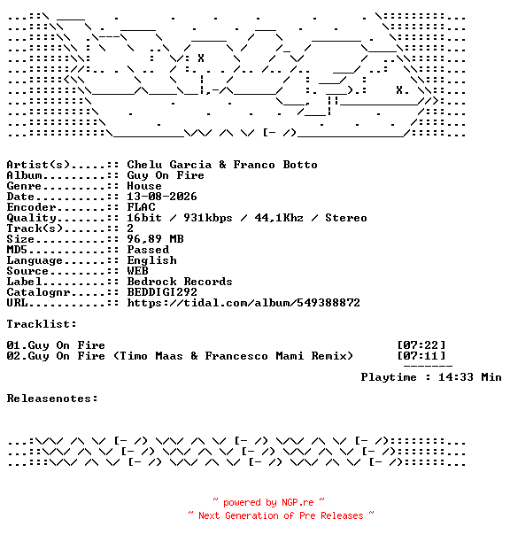 NFO for the release Chelu_Garcia_And_Franco_Botto-Guy_On_Fire-BEDDIGI292-16BIT-WEB-FLAC-2026-WAVED by WAVED