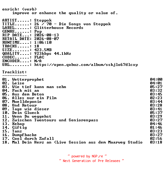 NFO for the release Stoppok-26__70__Die_Songs_von_Stoppok-DE-16BIT-WEB-FLAC-2026-ENRiCH by ENRiCH