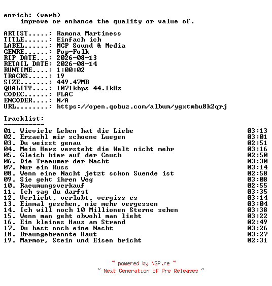 NFO for the release Ramona_Martiness-Einfach_ich-DE-16BIT-WEB-FLAC-2026-ENRiCH by ENRiCH