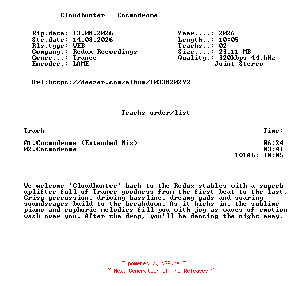 NFO for the release Cloudhunter_-_Cosmodrome-(RDX709)-WEB-2026-FMC by FMC