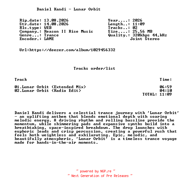 NFO for the release Daniel_Kandi_-_Lunar_Orbit-(R2R189)-WEB-2026-FMC by FMC