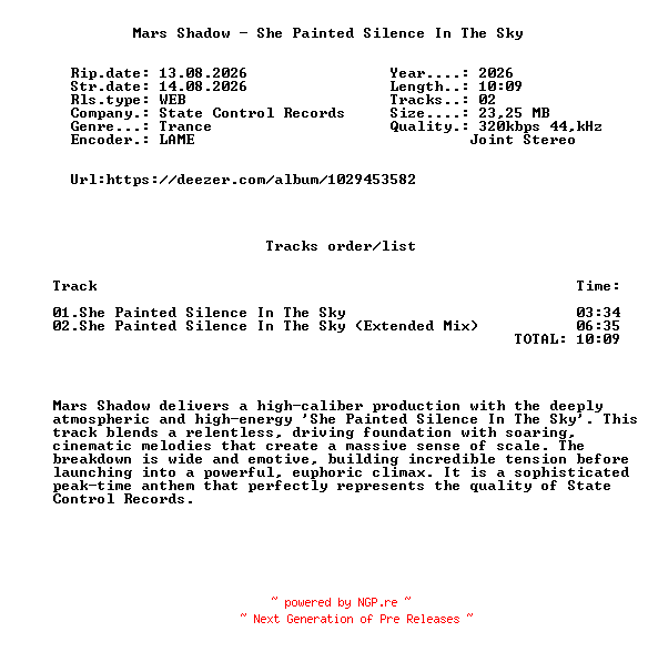 NFO for the release Mars_Shadow_-_She_Painted_Silence_In_The_Sky-(SCR759)-WEB-2026-FMC by FMC