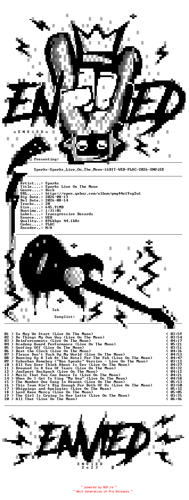 NFO for the release Sparks-Sparks_Live_On_The_Moon-16BIT-WEB-FLAC-2026-ENViED by ENViED