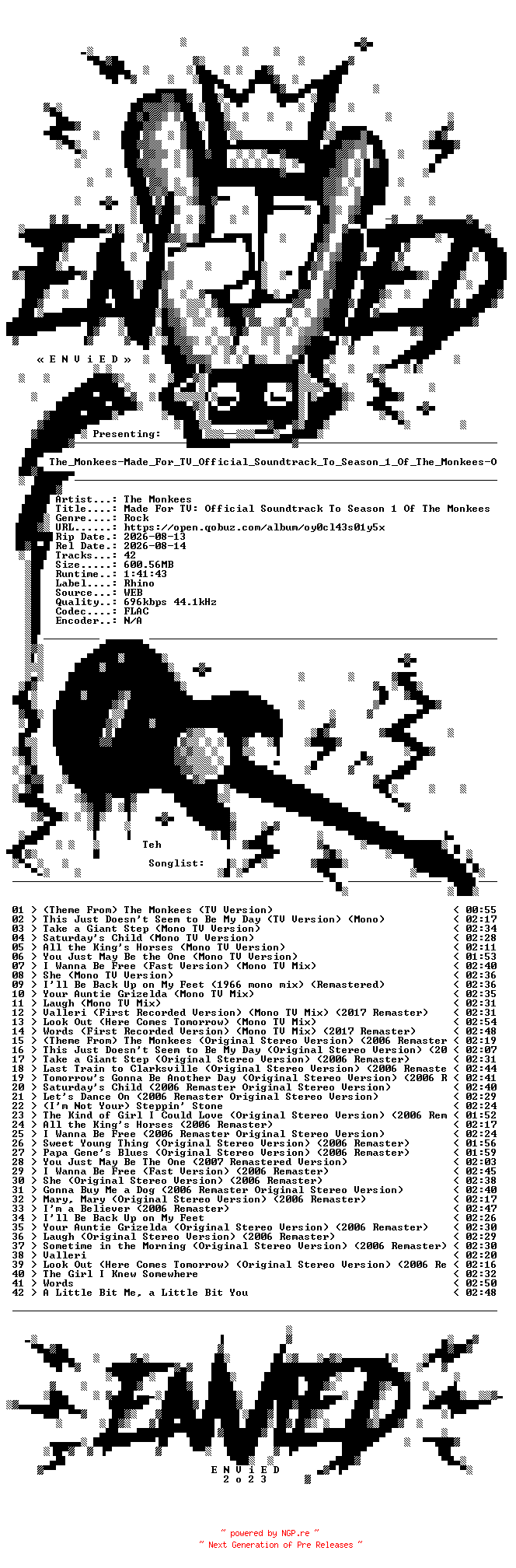 NFO for the release The_Monkees-Made_For_TV_Official_Soundtrack_To_Season_1_Of_The_Monkees-OST-16BIT-WEB-FLAC-2026-ENViED by ENViED