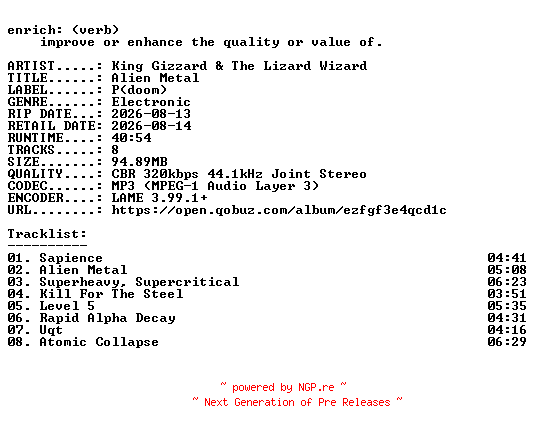 NFO for the release King_Gizzard_and_The_Lizard_Wizard-Alien_Metal-WEB-2026-ENRiCH by ENRiCH