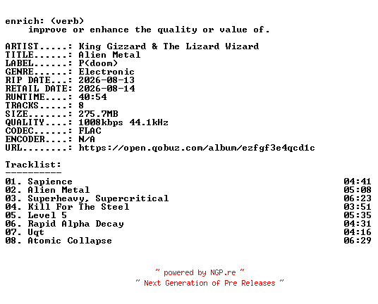 NFO for the release King_Gizzard_and_The_Lizard_Wizard-Alien_Metal-16BIT-WEB-FLAC-2026-ENRiCH by ENRiCH