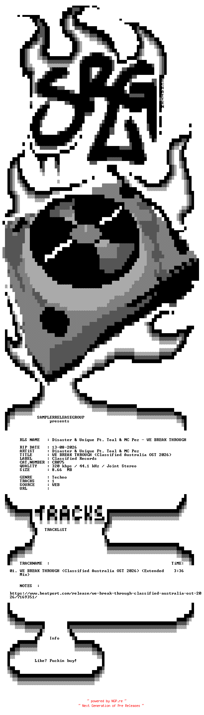 NFO for the release Disaster_And_Unique_Ft._Teal_And_MC_Pez_-_WE_BREAK_THROUGH_(Classified_Australia_OST_2026)-(CR075)-SINGLE-WEB-2026-SRG by SRG