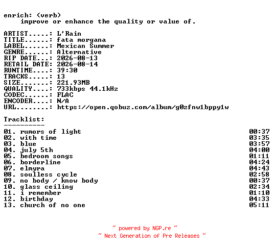 NFO for the release LRain-fata_morgana-16BIT-WEB-FLAC-2026-ENRiCH by ENRiCH