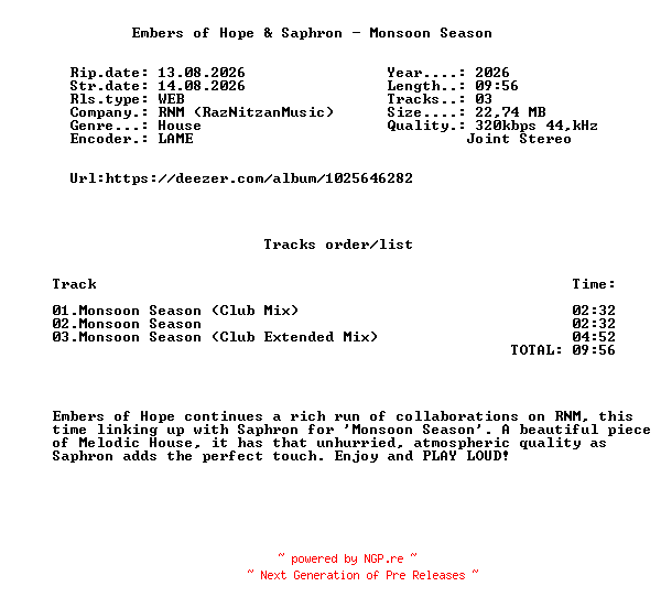 NFO for the release Embers_Of_Hope_And_Saphron_-_Monsoon_Season-(RNMR414)-WEB-2026-FMC by FMC