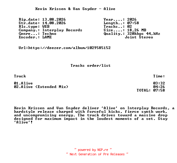 NFO for the release Kevin_Krissen_And_Van_Snyder_-_Alive-(ITP564)-WEB-2026-FMC by FMC