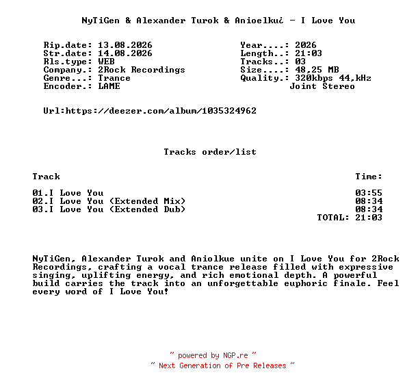 NFO for the release NyTiGen_And_Alexander_Turok_And_Anioelku_-_I_Love_You-(2RR345)-WEB-2026-FMC by FMC